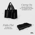 Black carry-on bag with dimensions and airline approval text on a white background