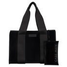 A black tote bag with wide shoulder straps and a matching slim zip pouch, shown on a plain white background. The pouch has the brand name 'CASE-MATE' printed vertically in white.