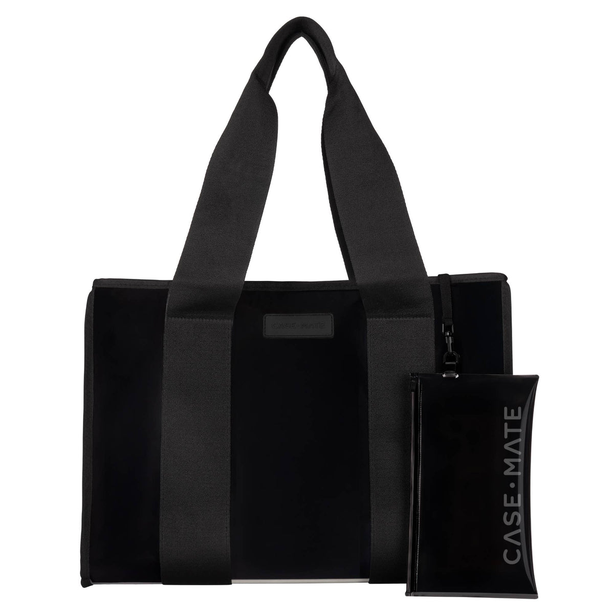 A black tote bag with wide shoulder straps and a matching slim zip pouch, shown on a plain white background. The pouch has the brand name 'CASE-MATE' printed vertically in white.