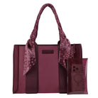 A burgundy tote bag with matching translucent phone pouch and a paisley scarf tied to the handles, shown on a plain white background.