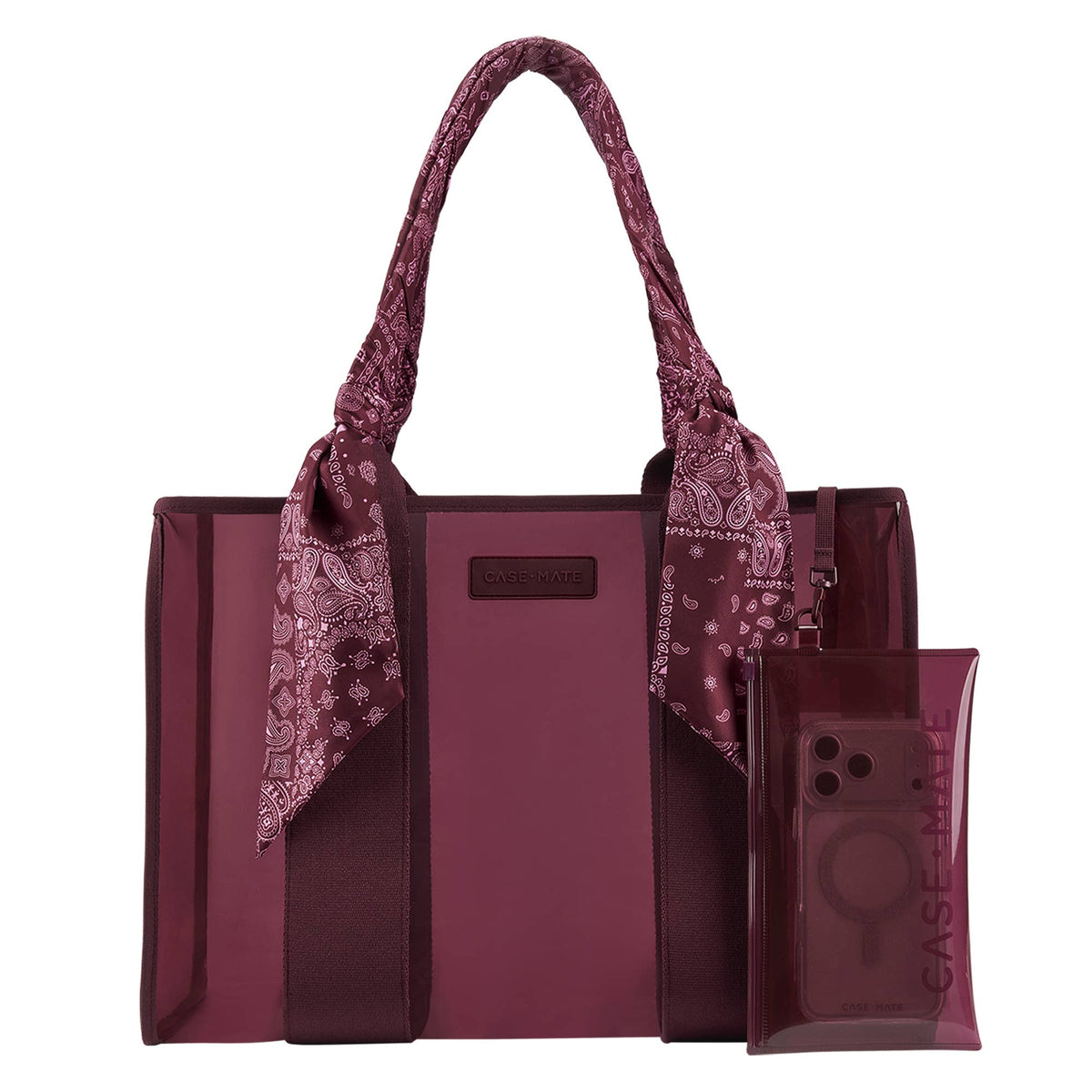 A burgundy tote bag with matching translucent phone pouch and a paisley scarf tied to the handles, shown on a plain white background.