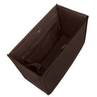 A dark brown structured tote bag organizer insert shown from an elevated angle, featuring interior zippered compartments, on a solid white background.