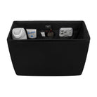A black fabric storage organizer box with multiple interior compartments holding travel-sized items, shown on a plain white background.