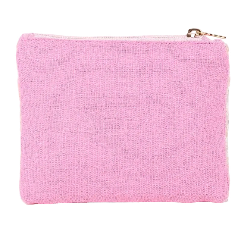 Pink pouch with a gold zipper on a white background