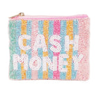 Colorful beaded pouch with 'Cash Money' text on a white background