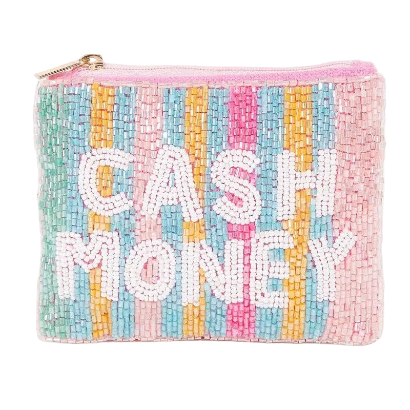 Colorful beaded pouch with 'Cash Money' text on a white background