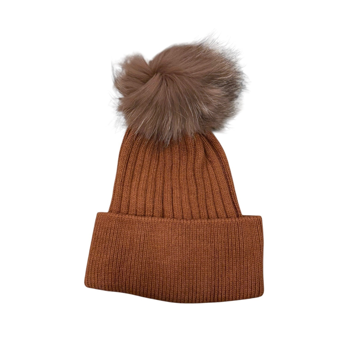 Brown knit beanie with a fur pom-pom on a white background