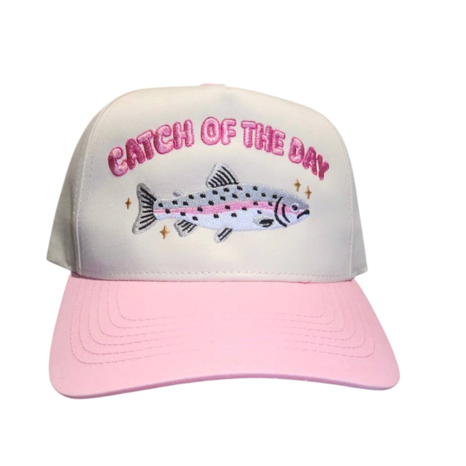 Pink and beige cap with fish design and 'Catch of the Day' text on a white background