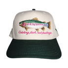 Cap with fish design and text 'Catching fish, not feelings' on a white background