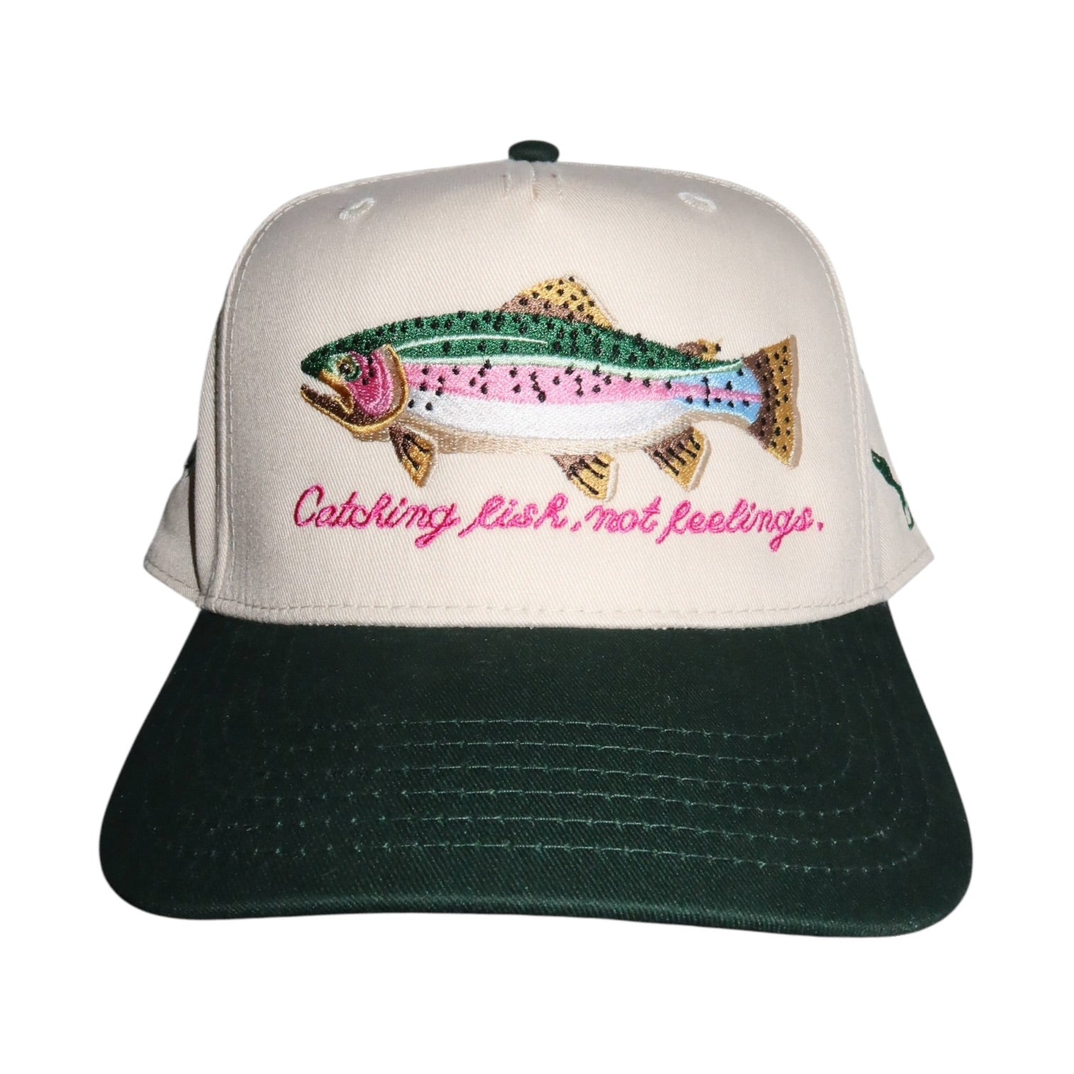 Cap with fish design and text 'Catching fish, not feelings' on a white background
