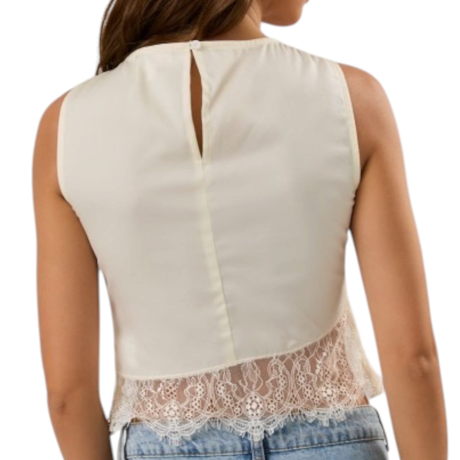 Beige sleeveless top with lace detail on a white background