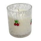 Candle in a glass container with cherry design on a white background