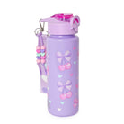 Purple water bottle with heart and bow designs on a white background