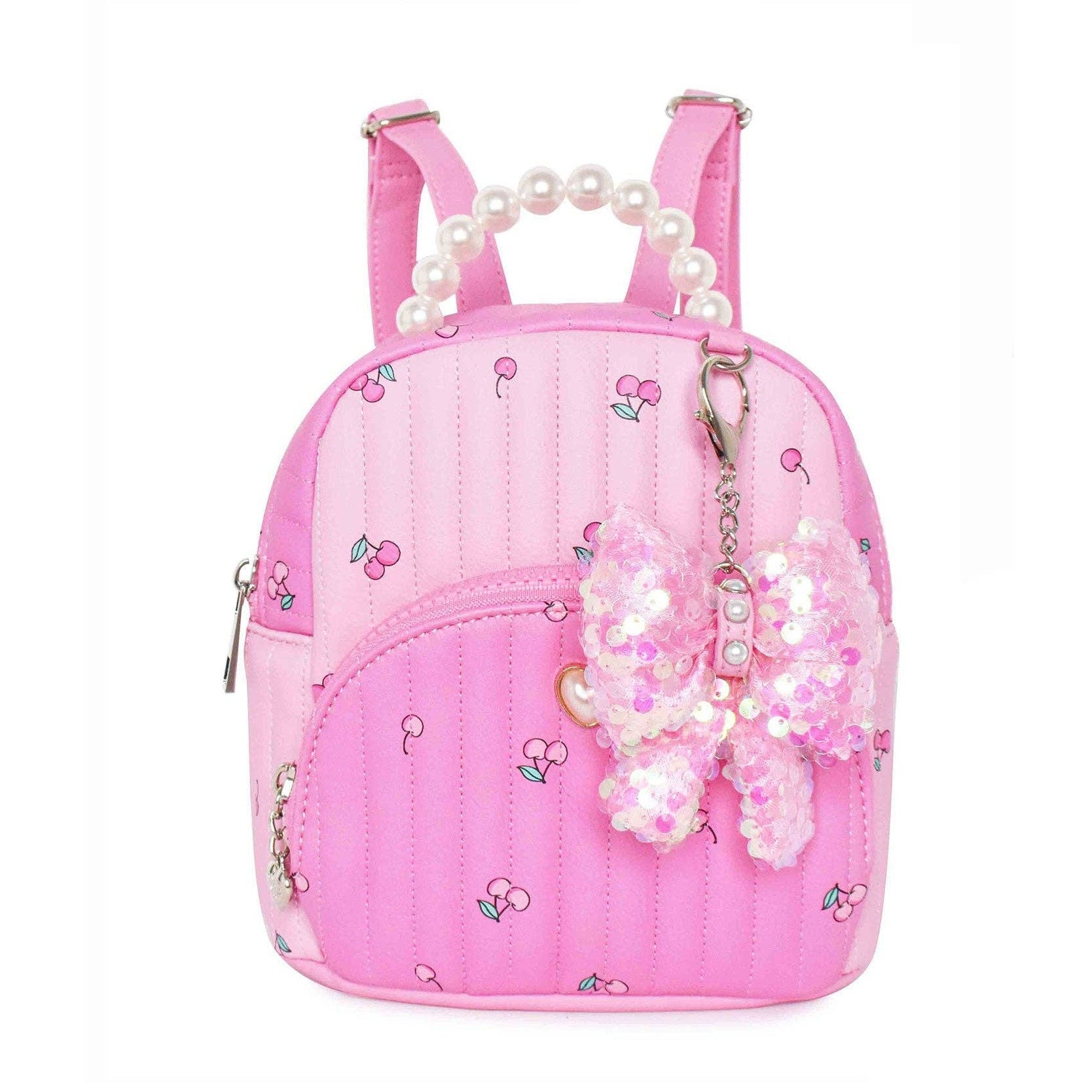 Pink backpack with decorative elements on a white background