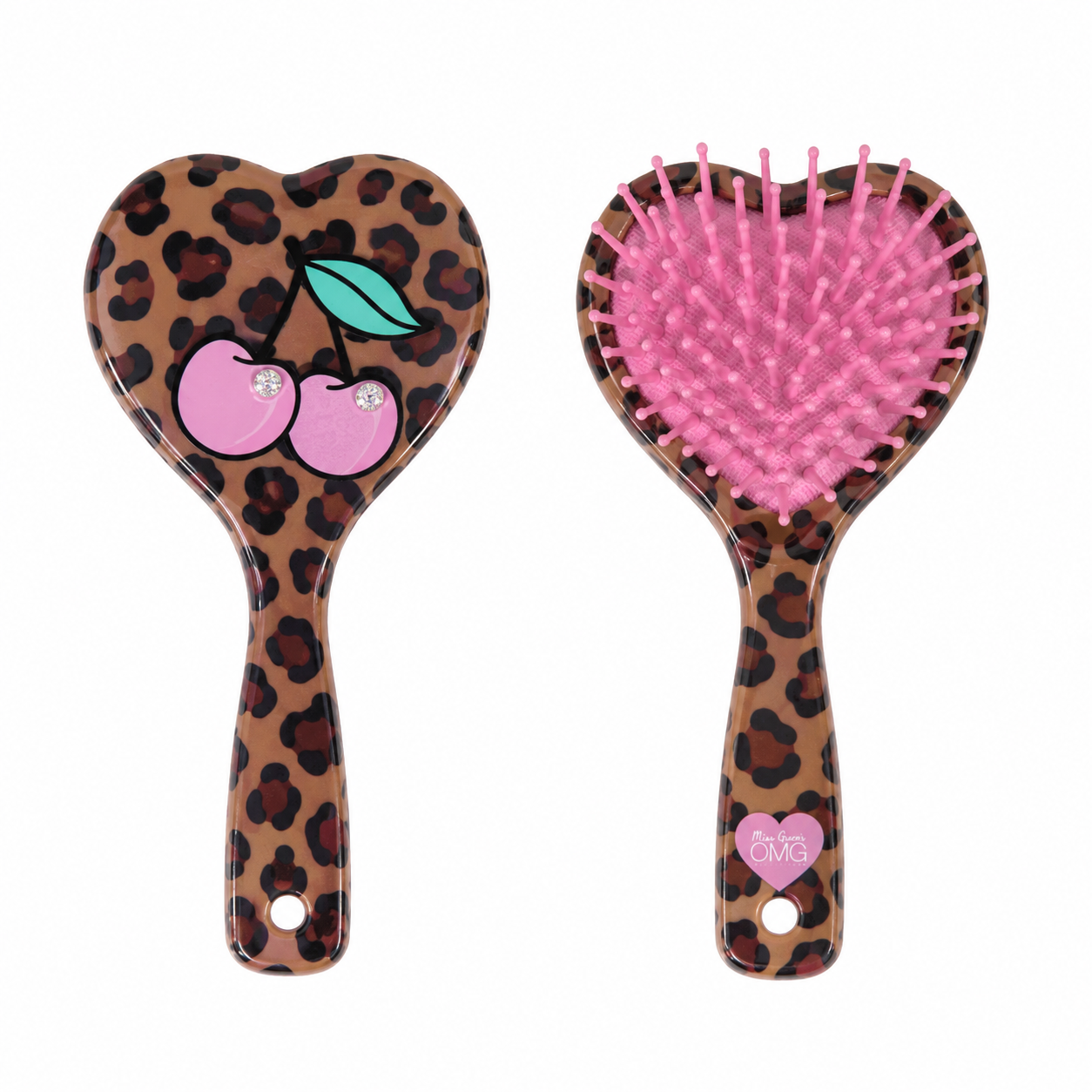 Two heart-shaped hairbrushes shown side by side on a white background. The left brush is shown from the back with a brown leopard print handle decorated with pink cherries and a green leaf.
