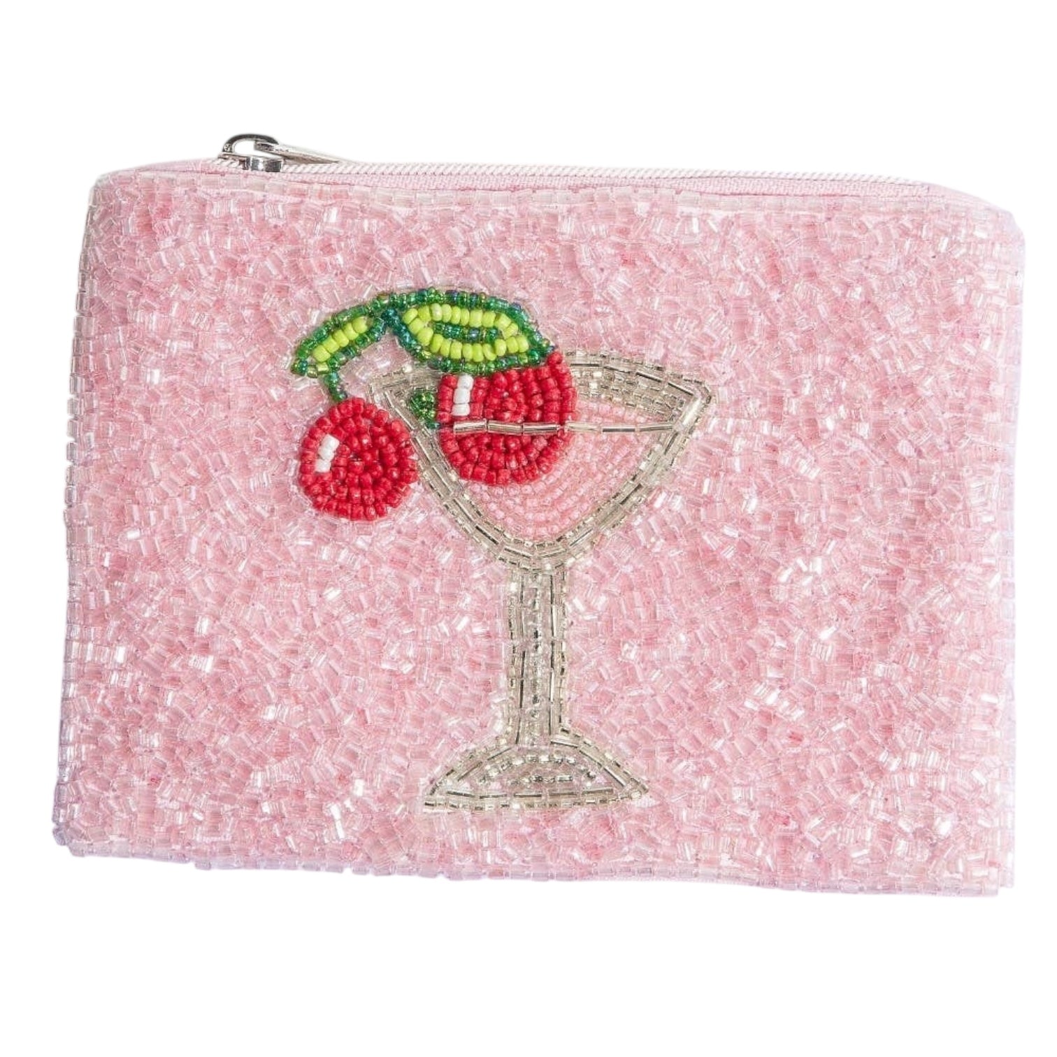 Pink beaded clutch with a cocktail and cherry design on a white background