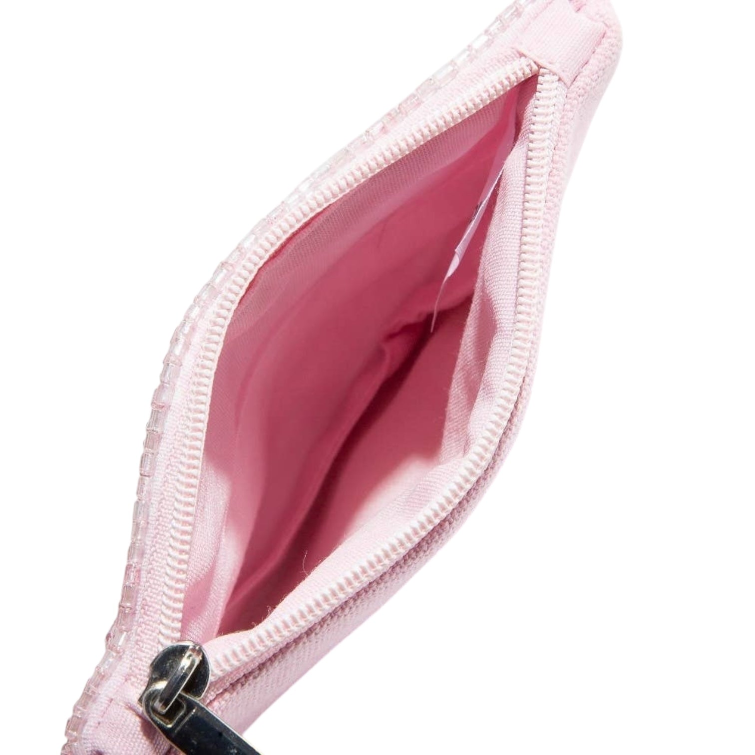 Close-up of a pink pouch with a zipper on a white background