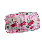Small pouch with cherry design on a pink textured surface