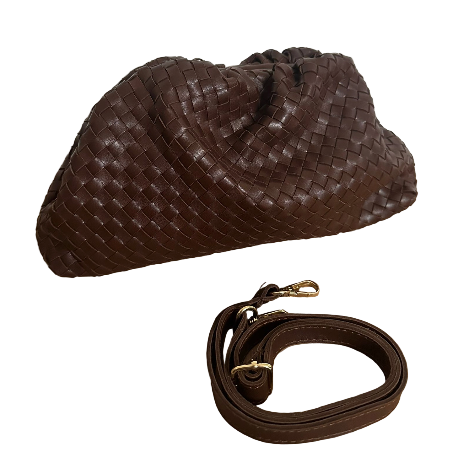 Brown woven handbag with matching strap on a white background