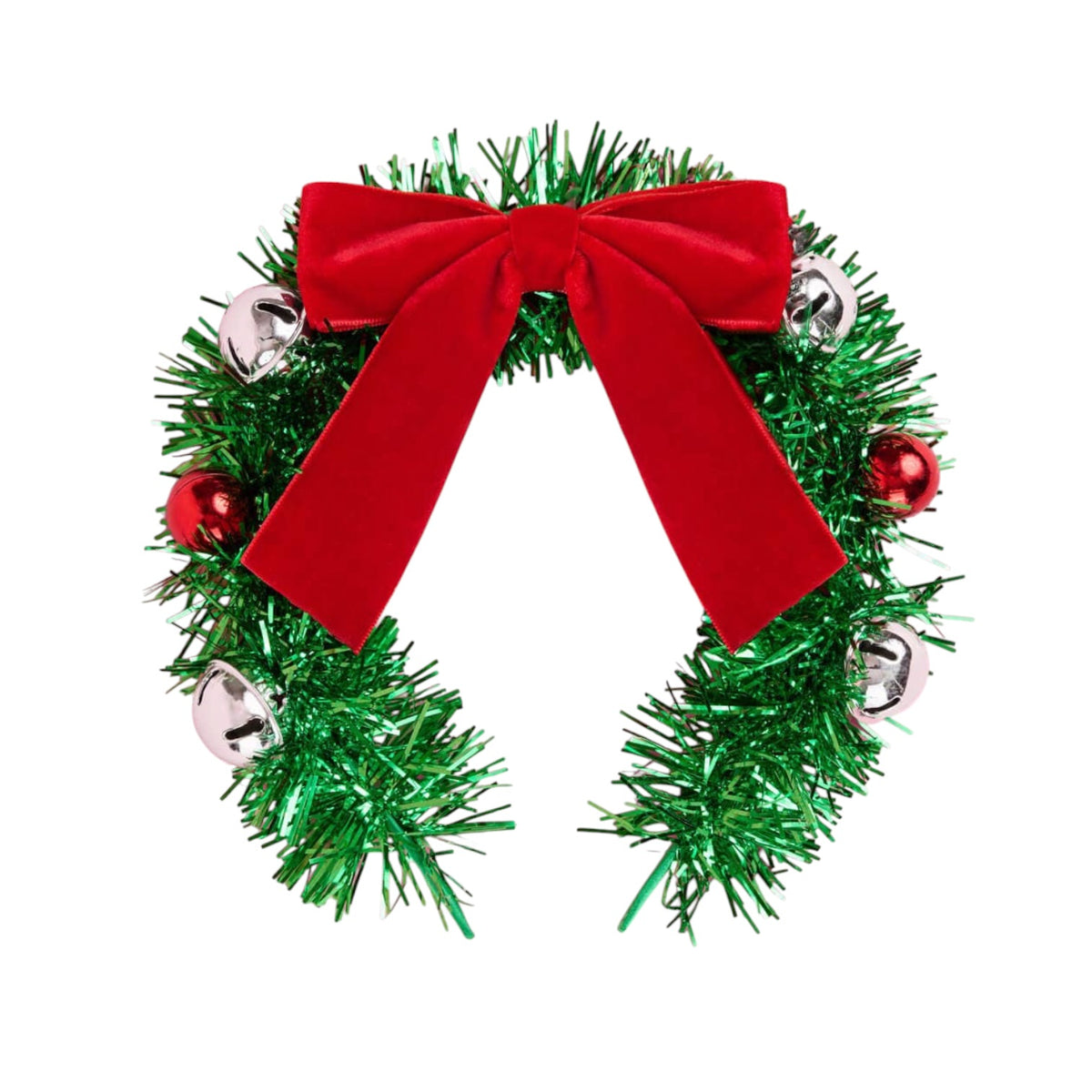A festive Christmas headband made of green tinsel, decorated with a large red velvet bow, small red ornaments, and silver bells, shown on a plain white background.