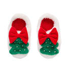 A pair of white fuzzy slippers decorated with a red bow and a green Christmas tree design with small silver bead accents, shown on a plain white background.