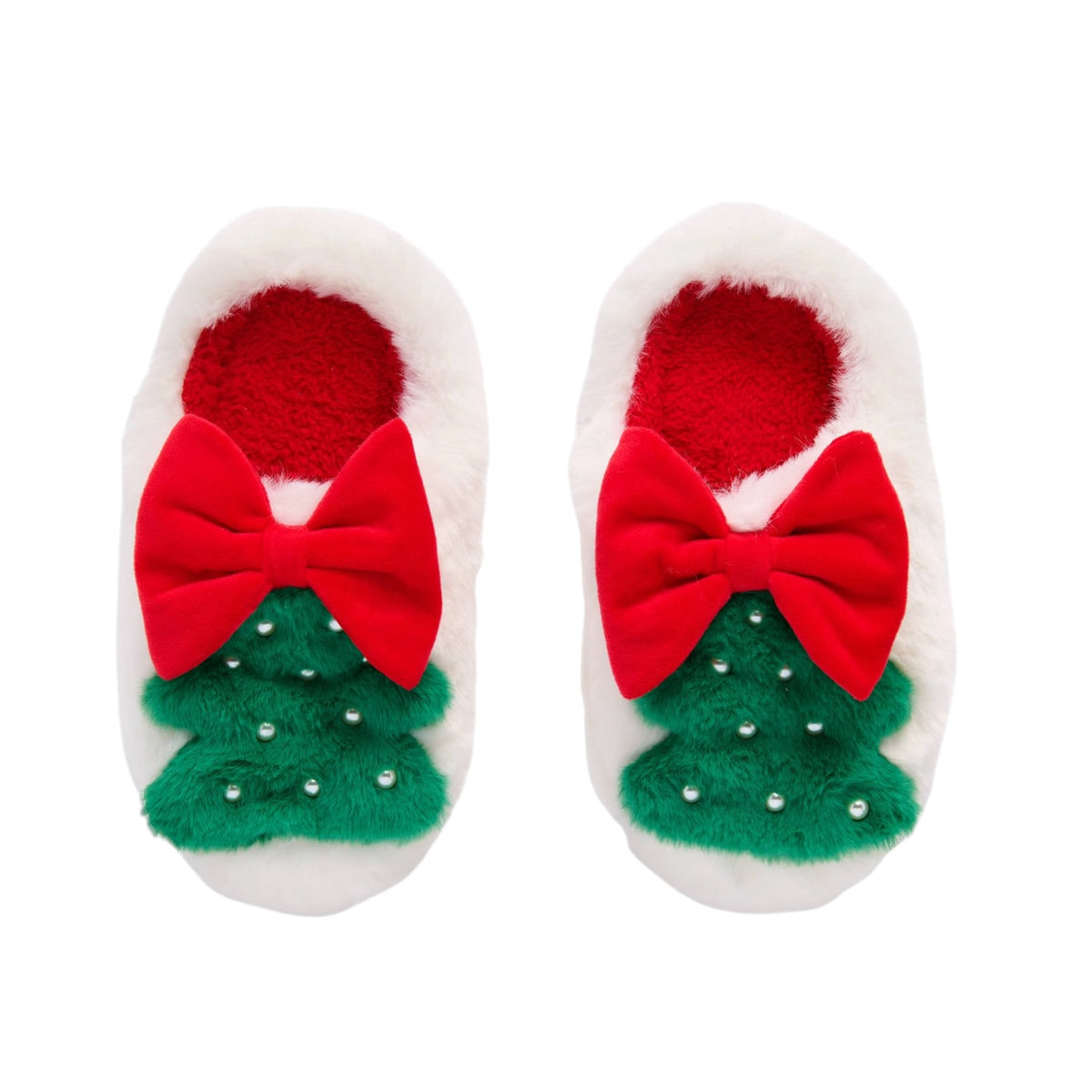A pair of white fuzzy slippers decorated with a red bow and a green Christmas tree design with small silver bead accents, shown on a plain white background.