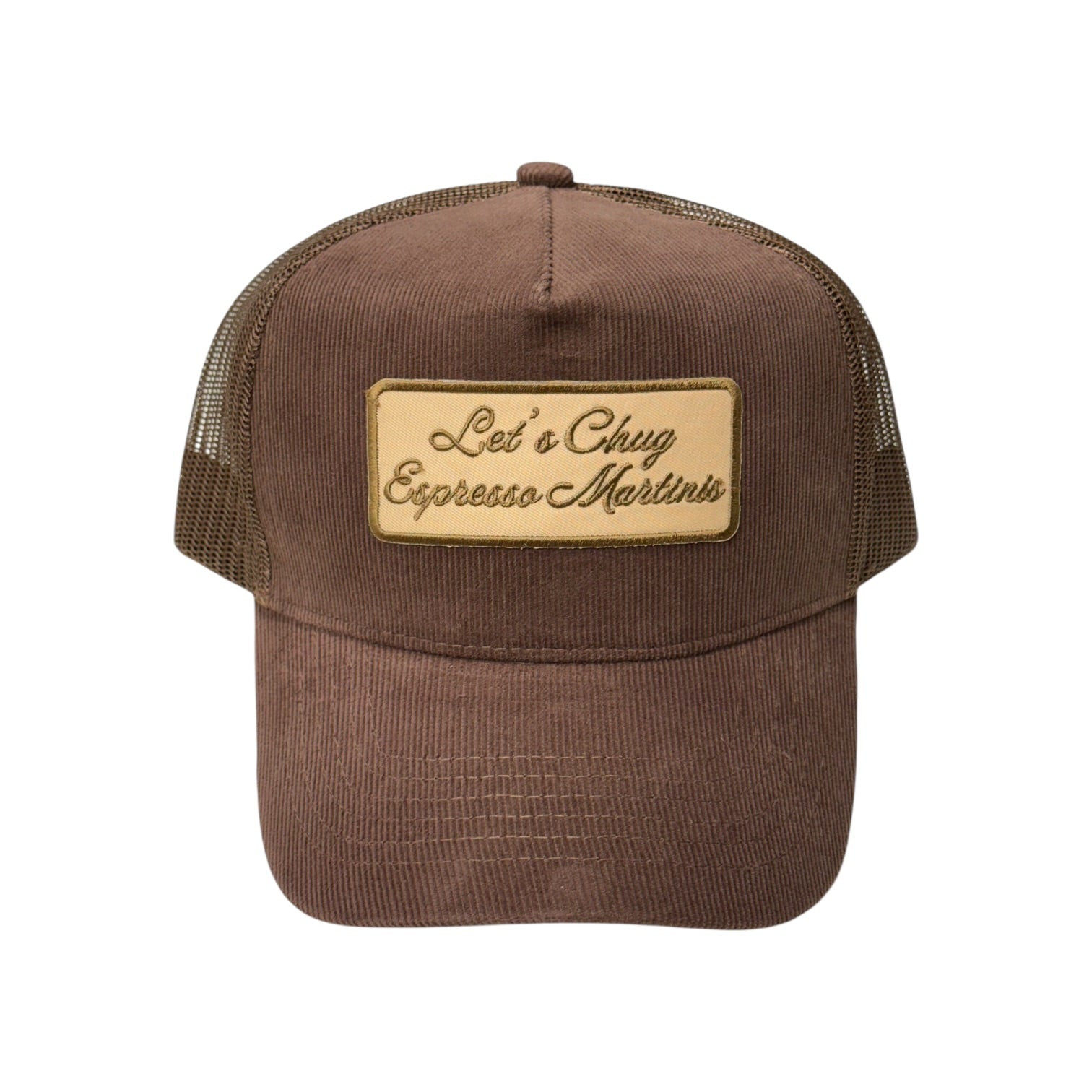 Brown trucker cap with a gold patch on a white background