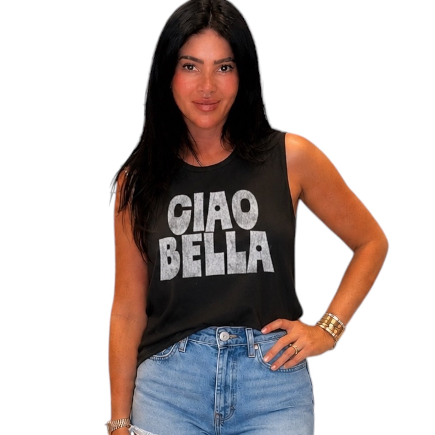 Woman wearing a black sleeveless top with 'CIAO BELLA' text on a white background