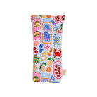 Colorful patterned pouch with various designs on a white background