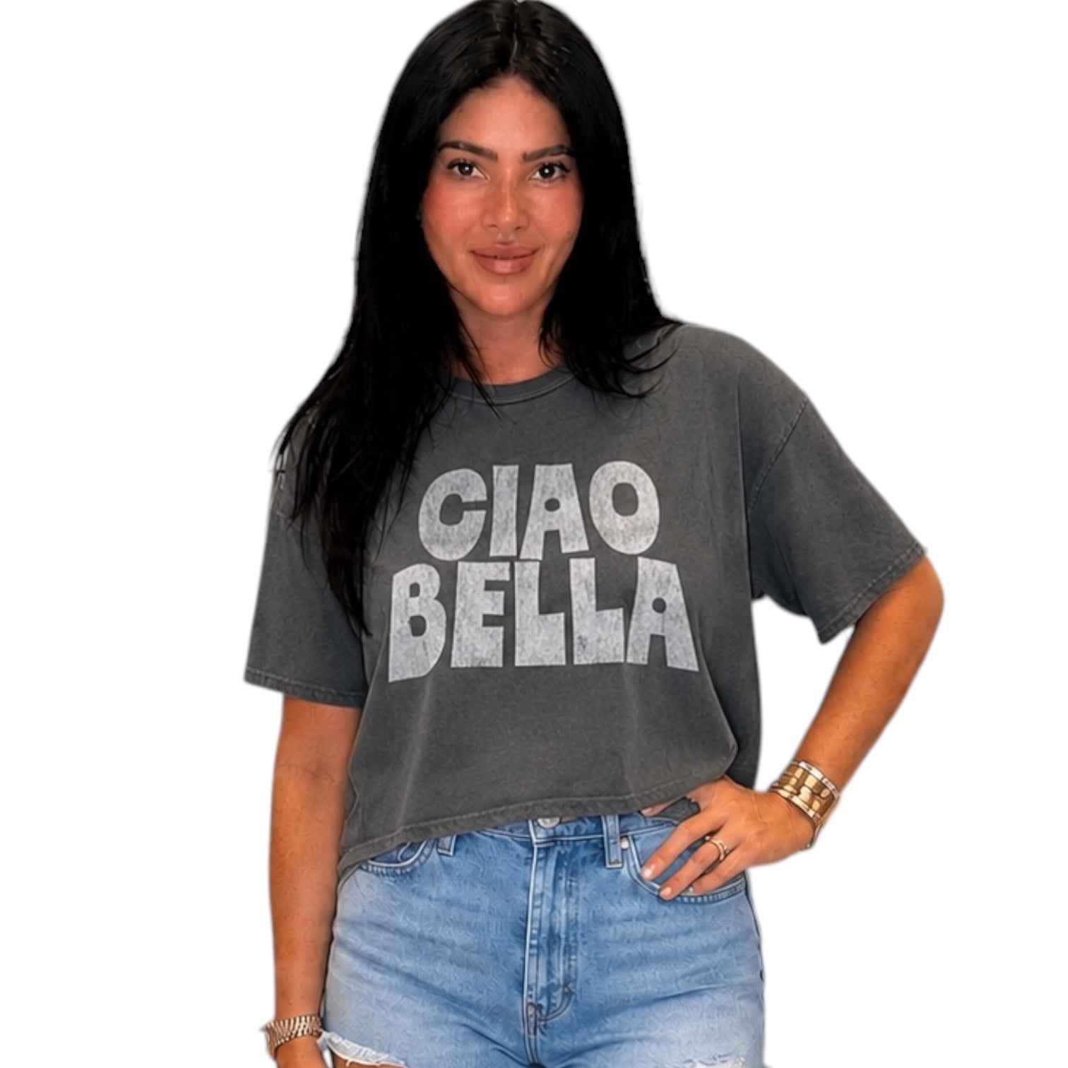 Woman wearing a gray t-shirt with 'CIAO BELLA' text on a white background