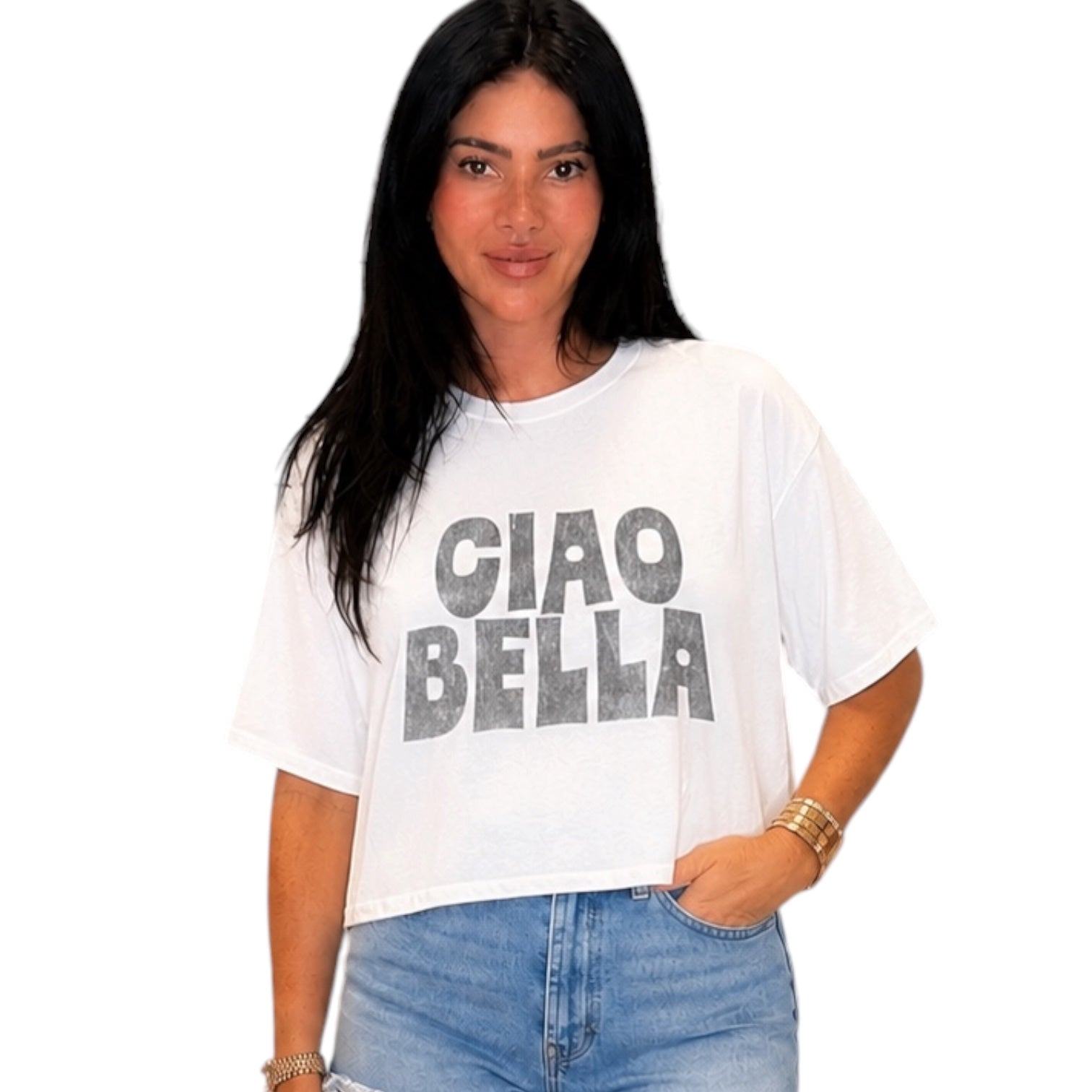 Woman wearing a white t-shirt with 'CIAO BELLA' text on a white background