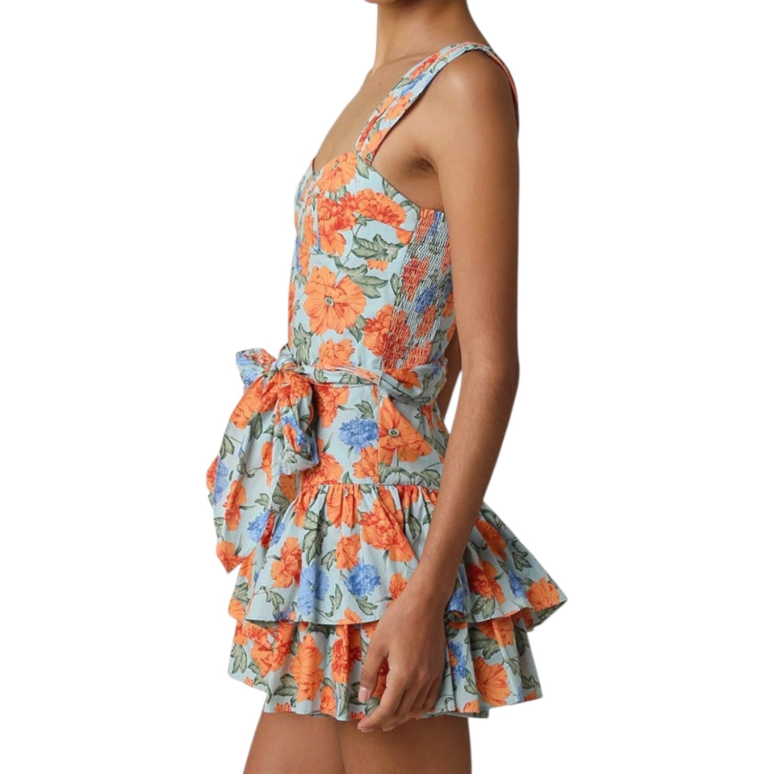 Floral dress with orange and blue pattern on a white background