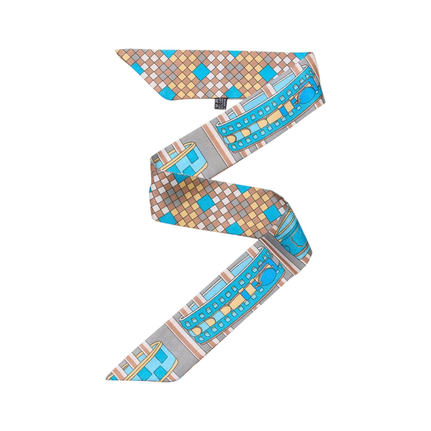 Patterned belt with blue, beige, and gray design on a white background