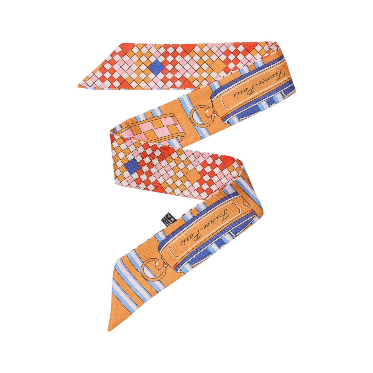 Colorful patterned belt with brand logo on a white background