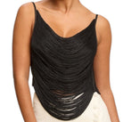 Black ruched tank top worn by a model on a white background