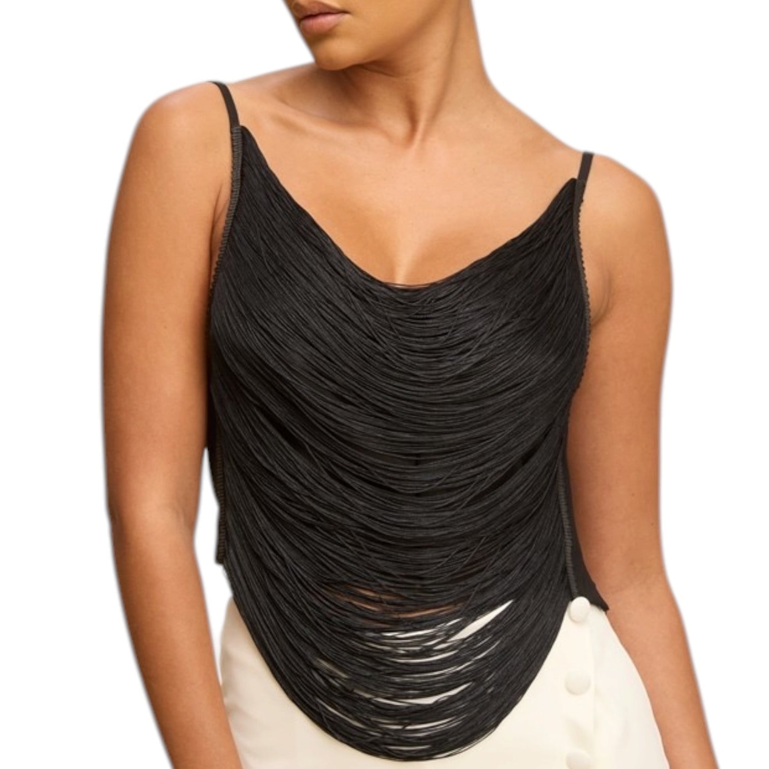 Black ruched tank top worn by a model on a white background