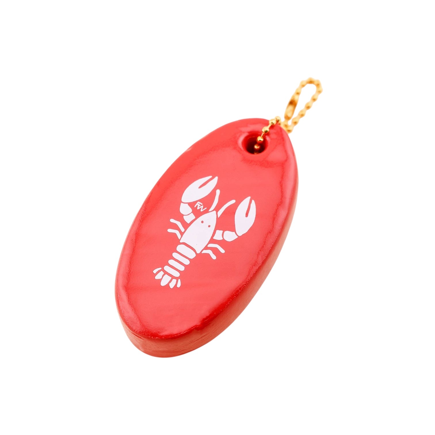 Red fish-shaped keychain with a white lobster design on a white background