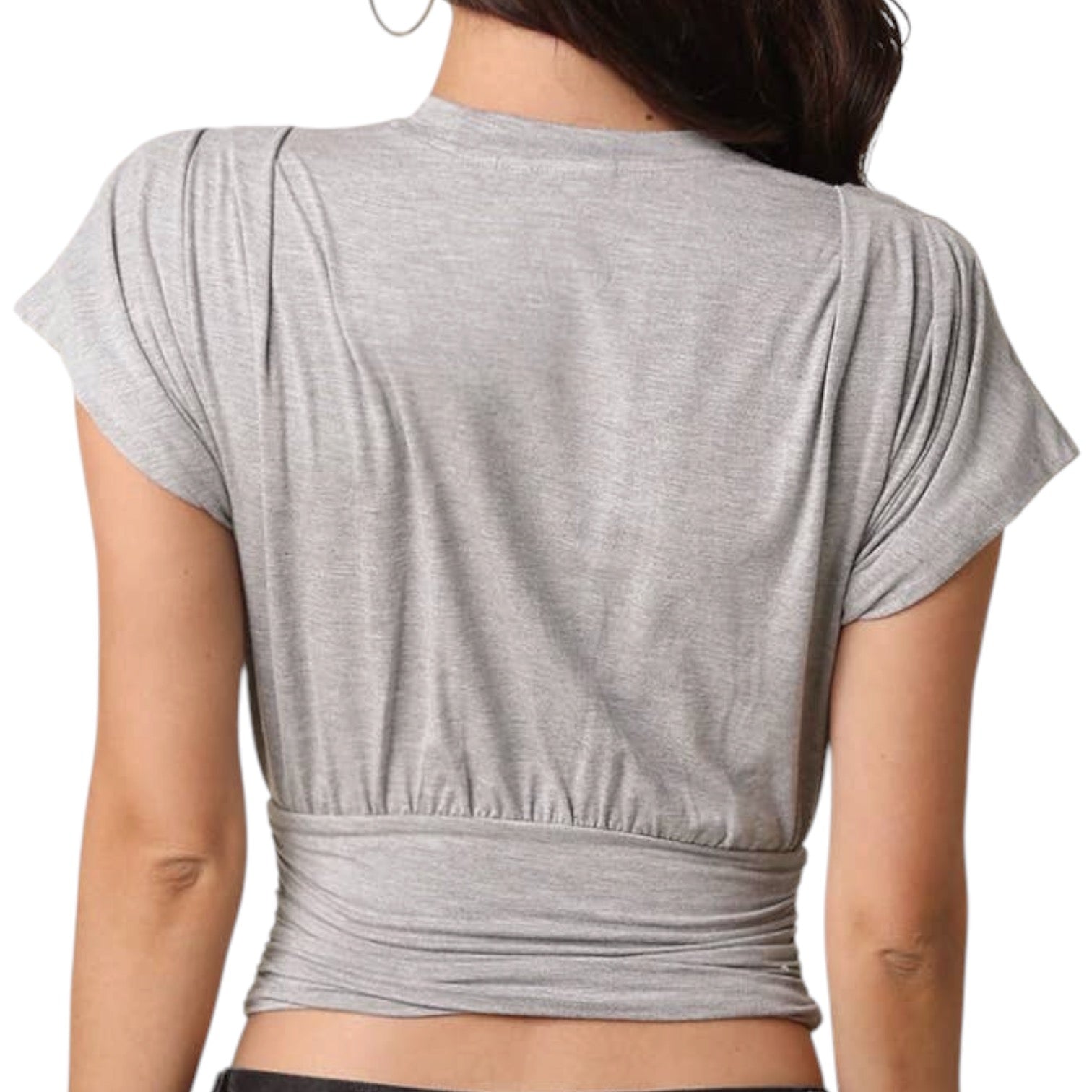 Gray crop top worn by a person on a white background