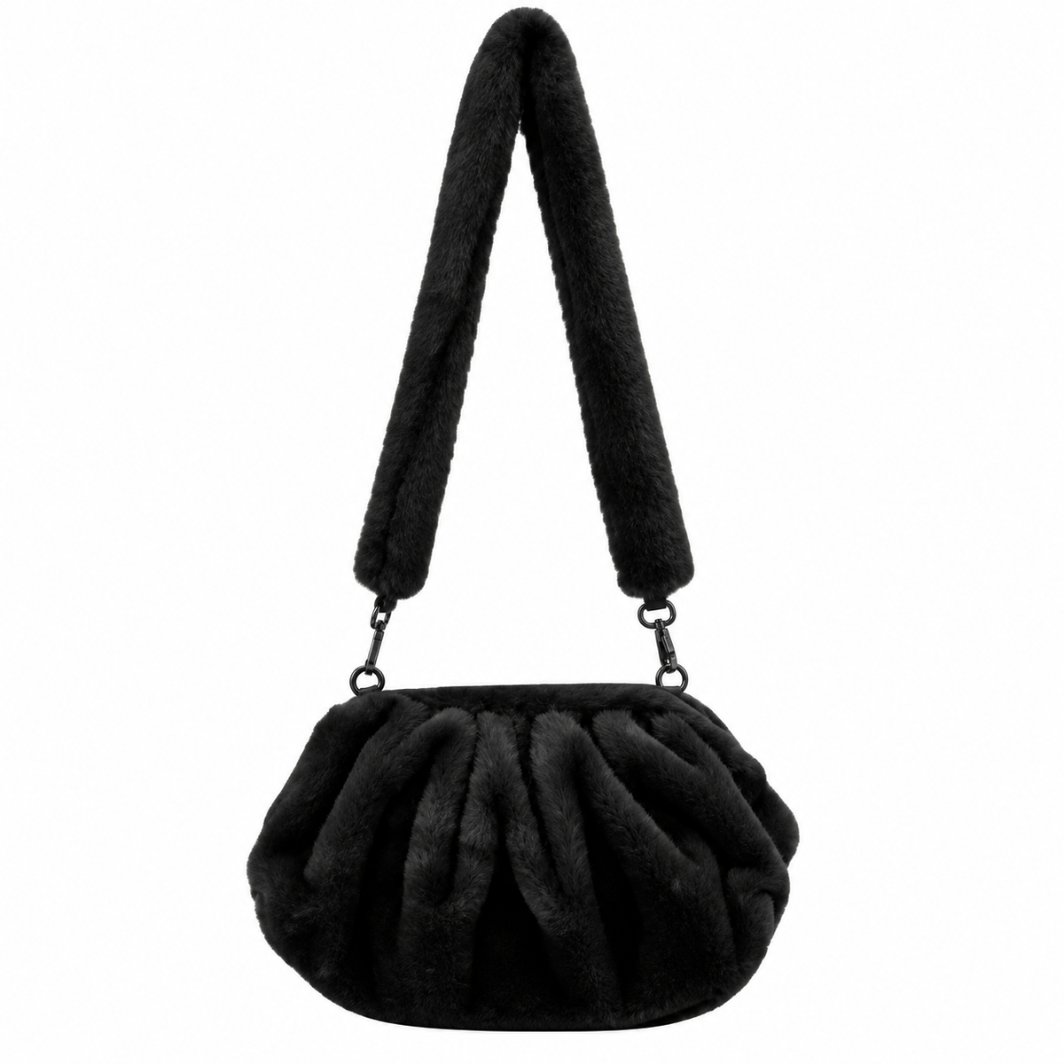 A black faux fur shoulder bag with a gathered, pleated body and a long, wide shoulder strap, shown against a plain white background.