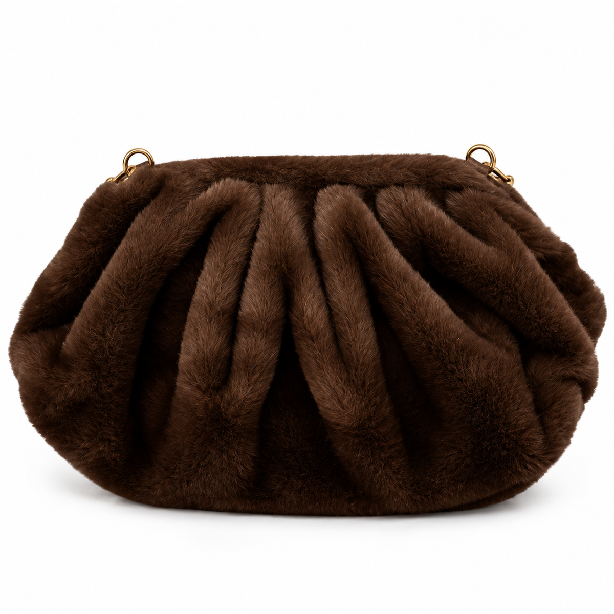 A dark brown faux fur clutch bag with pleated detailing and small gold-tone hardware, shown against a plain white background.