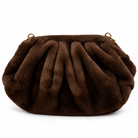 A dark brown faux fur clutch bag with pleated detailing and small gold-tone hardware, shown against a plain white background.