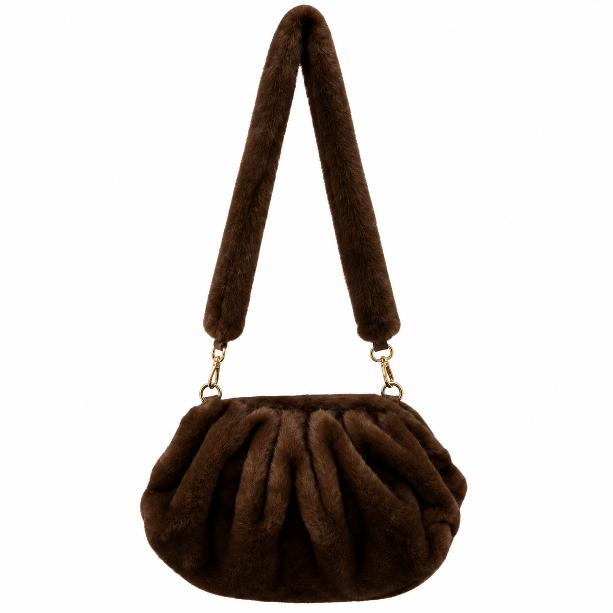 A dark brown faux fur shoulder bag with a gathered, pleated body and a matching long shoulder strap, accented by gold-tone hardware, shown against a plain white background.