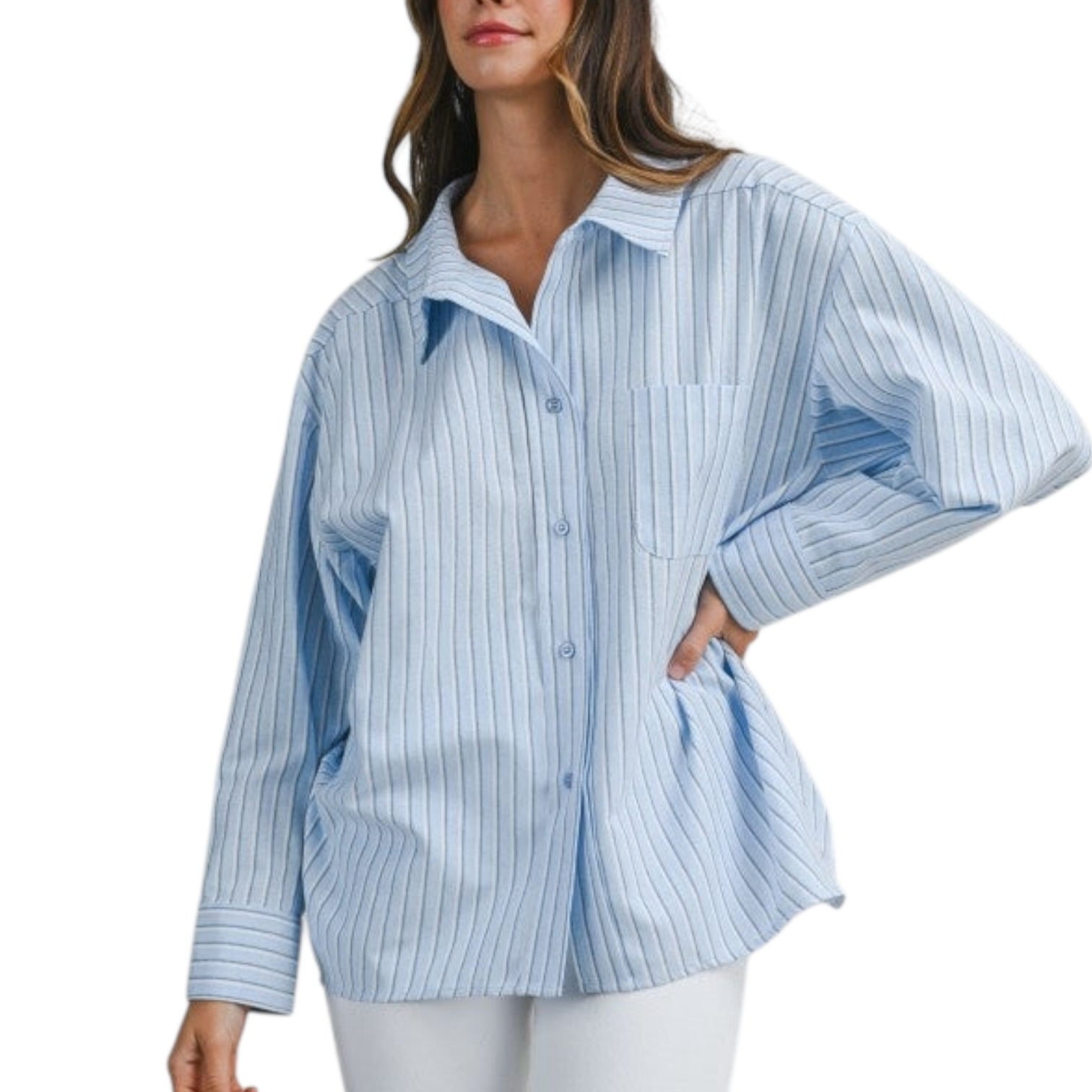Woman wearing a blue and white striped shirt on a white background