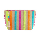 Colorful striped pouch with pom-pom details on a white background