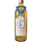 A bottle of Sauvignon Blanc wine with a decorative blue beaded necklace and pendant hanging from the neck, shown on a plain white background.
