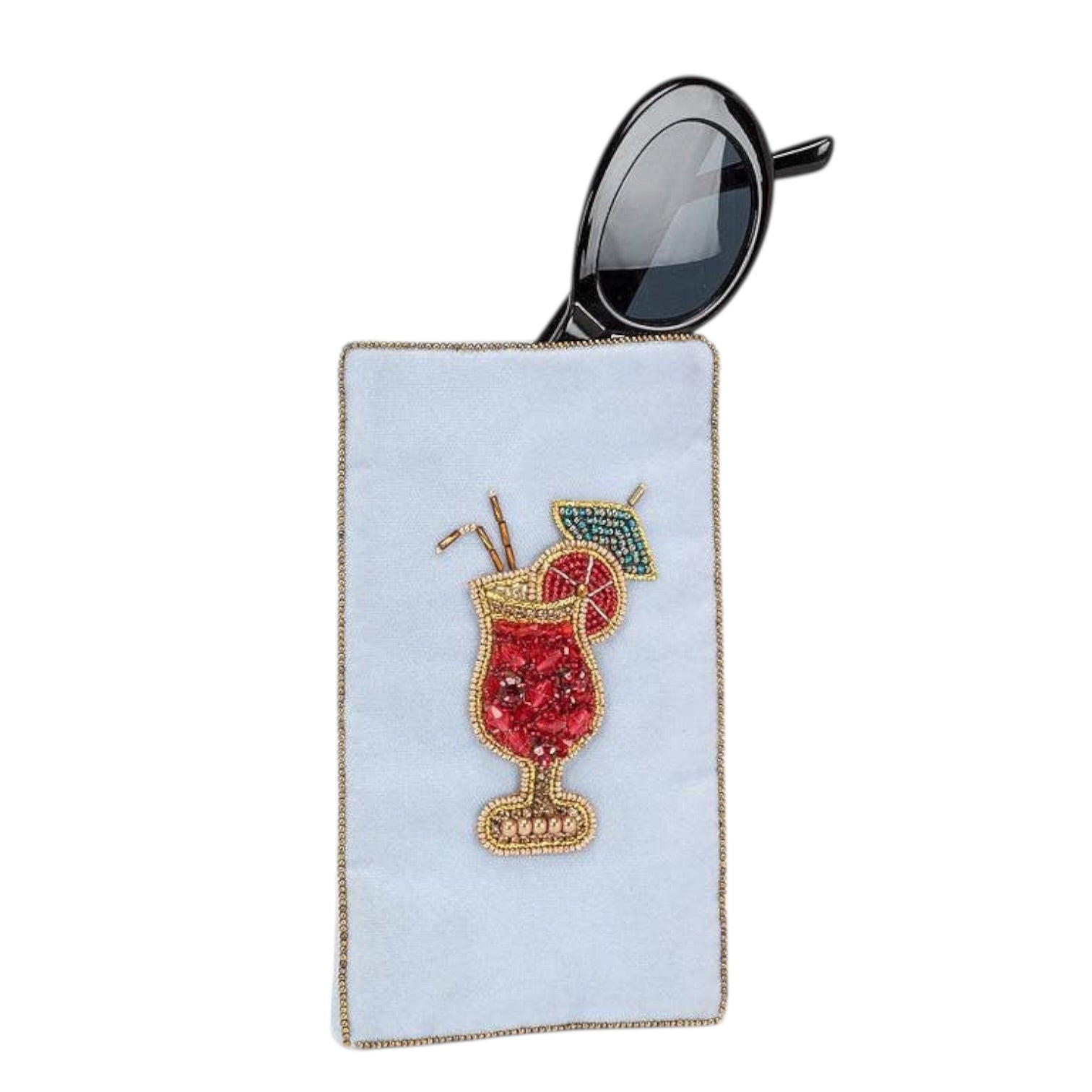 Light blue pouch with cocktail design and sunglasses on a white background