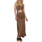 Brown dress with cut-out design on a white background