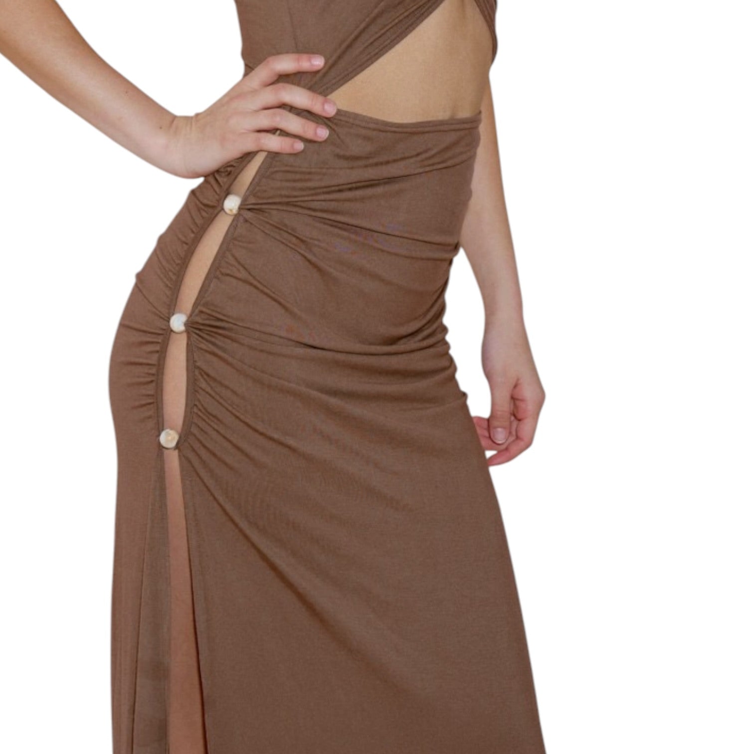 Brown dress with cut-out design on a white background