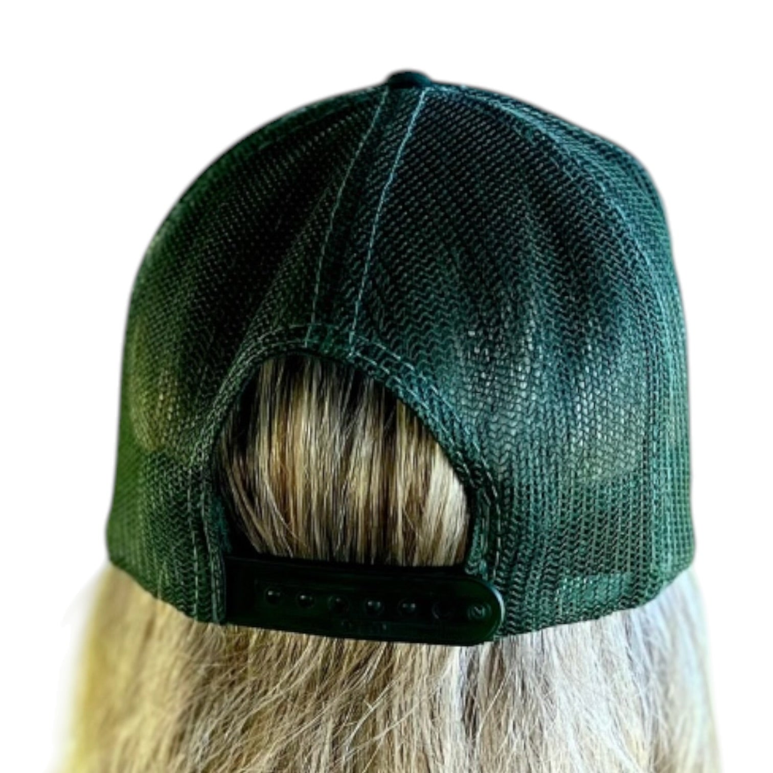 Green cap with mesh adjustable back hat on a white background