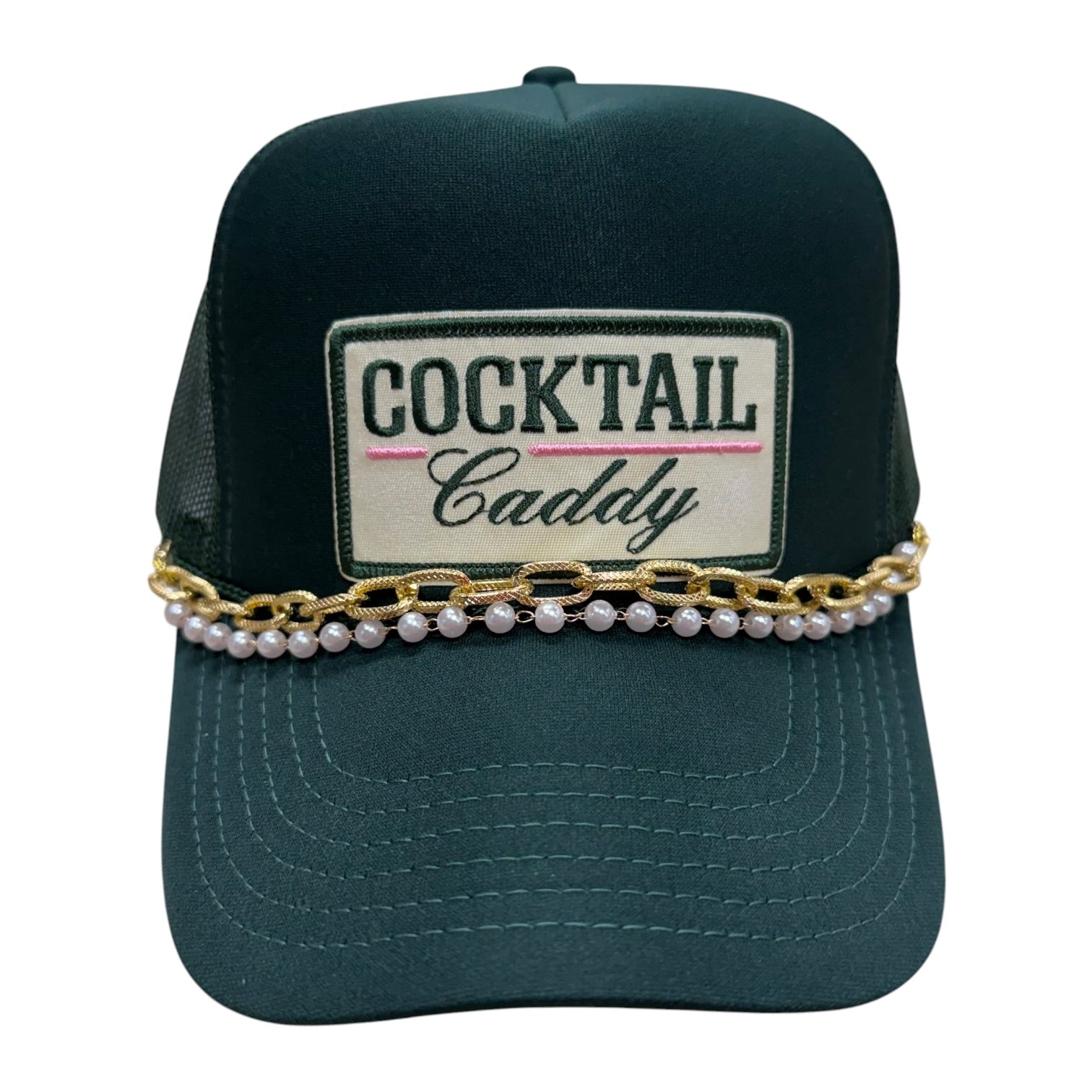 Green cap with 'Cocktail Caddy' logo and decorative chain and pearls on a white background